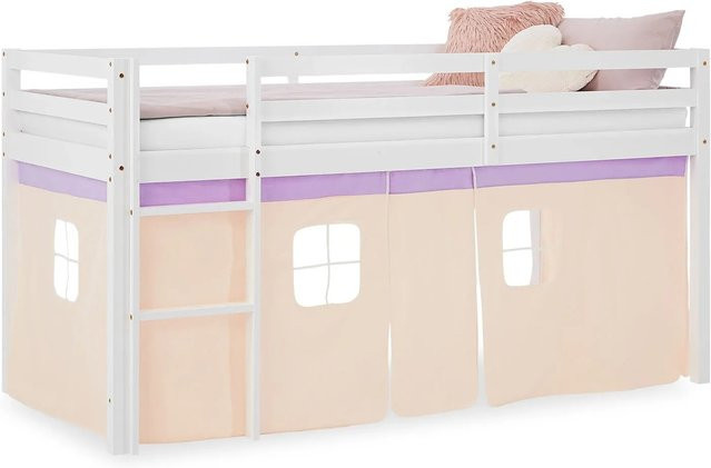 Homestyle4u Kinder Hochbett aus Kiefernholz mit Vorhang in Lila, B/T/H: 90 x 200 x 175 cm - Bild 1