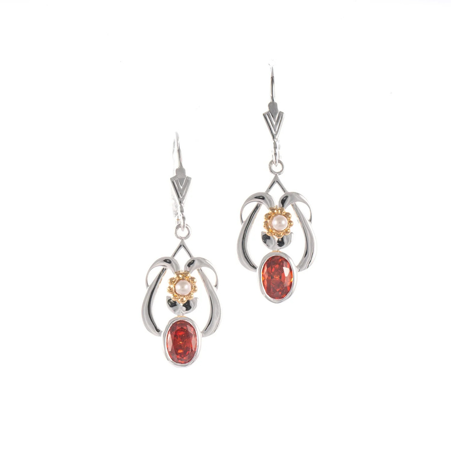 Ohrringe 925 Silber, teilvergoldet, Zirkonia rot, Perle, Damen - Bild 1