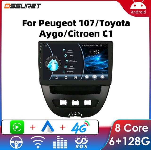 OSSURET Android Auto und CarPlay Multimedia Radio mit GPS, 4G und WIFI für Citroen C1, Peugeot 107 und Toyota Aygo, Schwarz, 2 DIN - Bild 1