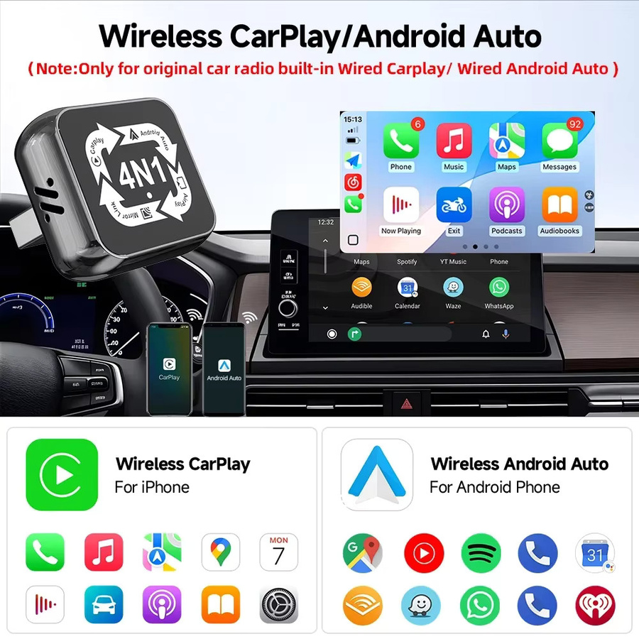 WDSZKMYF 4-in-1 Smart Box Kabelloser CarPlay und Android Auto Adapter mit kabelgebundenem CarPlay in Schwarz - Bild 4