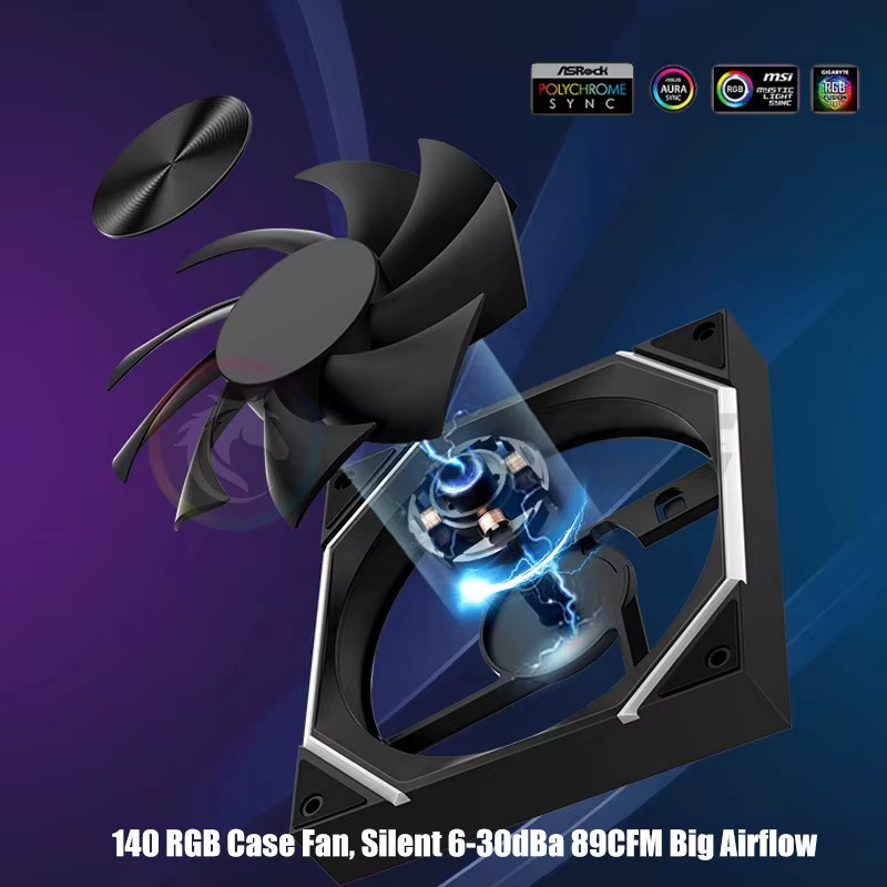 Flying Elephant RGB Gehäuselüfter 140mm Silent ARGB Lüfter mit 89CFM Luftstrom in Schwarz und Weiß - Bild 3