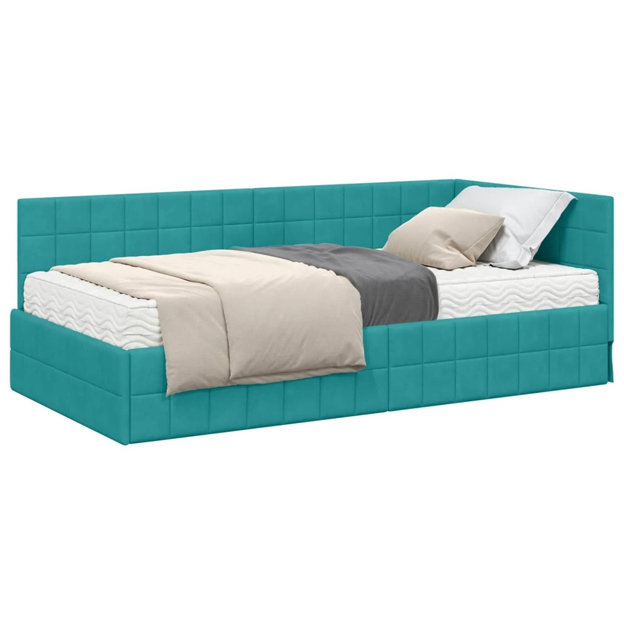 vidaXL Eckbettgestell mit 2 Matratzen und Kopfteil aus Samt in Türkis, B/T/H: 90 x 190 x 72 cm - Bild 2