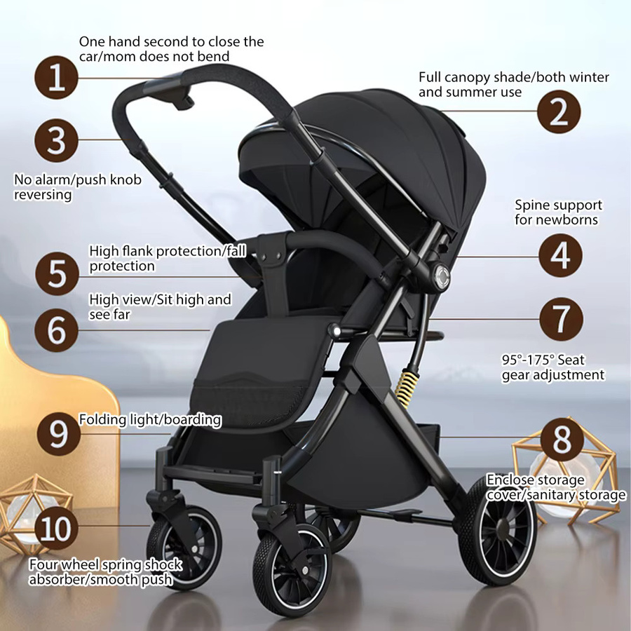 OWJHE Luxuriöser Kinderwagen in Schwarz mit Stoßdämpfung und Neugeborenen-Wippe für Neugeborene - Bild 6