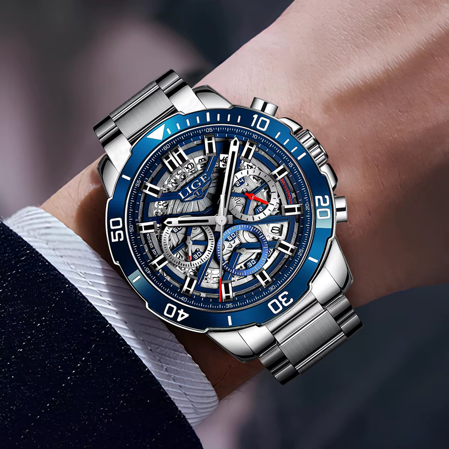 LIGE Armbanduhr Quarz, Edelstahl, Blau, Herren - Bild 5