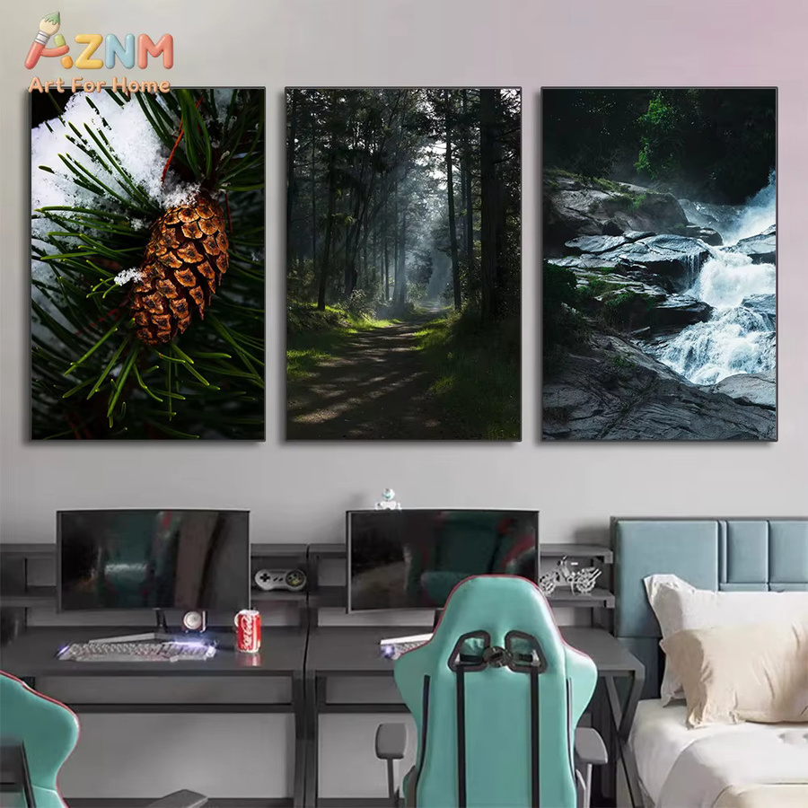 Kayou Leinwand-Wandkunst AZNM Natur Landschaftsdruck mit Wald, Bergen und Wasserfall in Grün - Bild 2