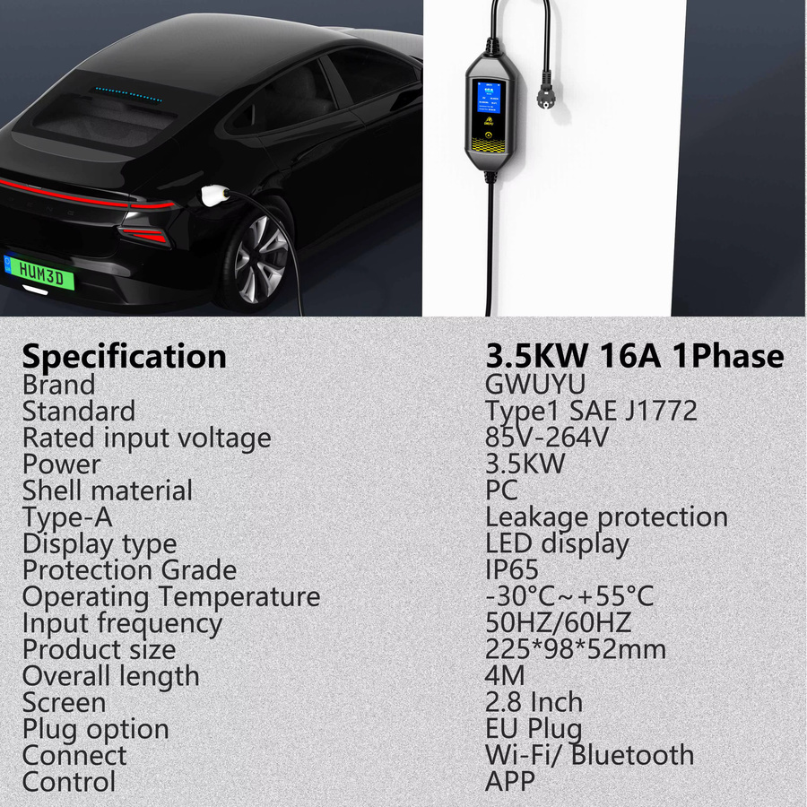 GWUYU Tragbares EV-Ladegerät Typ 1 J1772 Wallbox 3,5 kW mit App-Steuerung und 4 Meter Kabel in Schwarz - Bild 6