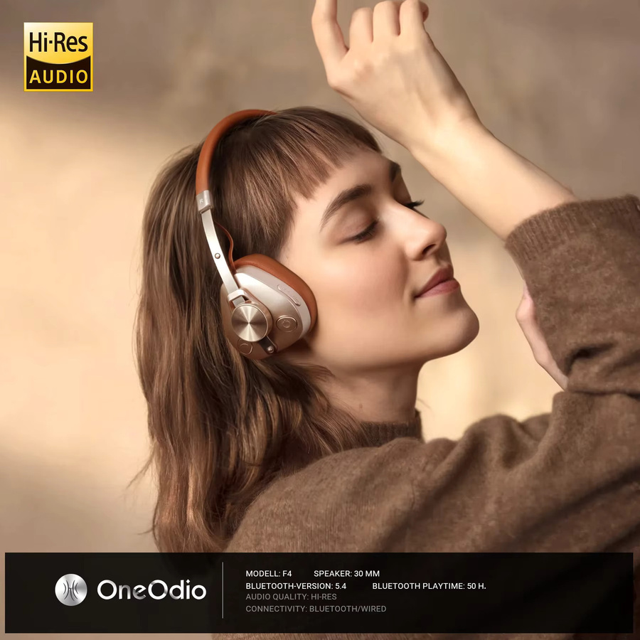 Oneodio F4 Retro Bluetooth Kopfhörer Hi-Res Audio On-Ear Headset mit Mikrofon in Weiß und Braun - Bild 2