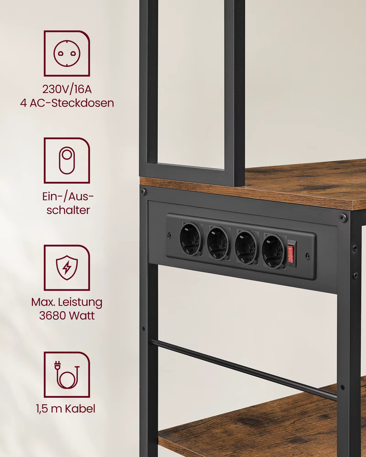 VASAGLE Küchenregal in Braun mit Steckdosen und verstellbaren Ablagen, Standregal mit Stoffschublade, B/T/H: 40 x 100 x 180,4 cm - Bild 4