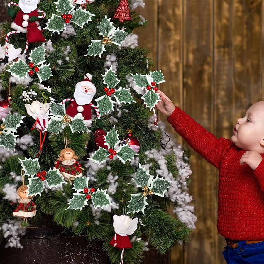 Joy-enlife Künstliche Stechpalmen Beeren mit Blättern in Gold und Rot für Weihnachtsbaumschmuck und Kranz-Arrangements, 10 oder 20 Stück - Bild 3