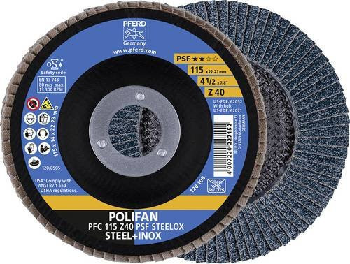 PFERD POLIFAN PSF STEELOX Fächerscheibe für Stahl und Edelstahl, Blau, Durchmesser: 115 mm, Bohrung: 22,23 mm - Bild 1