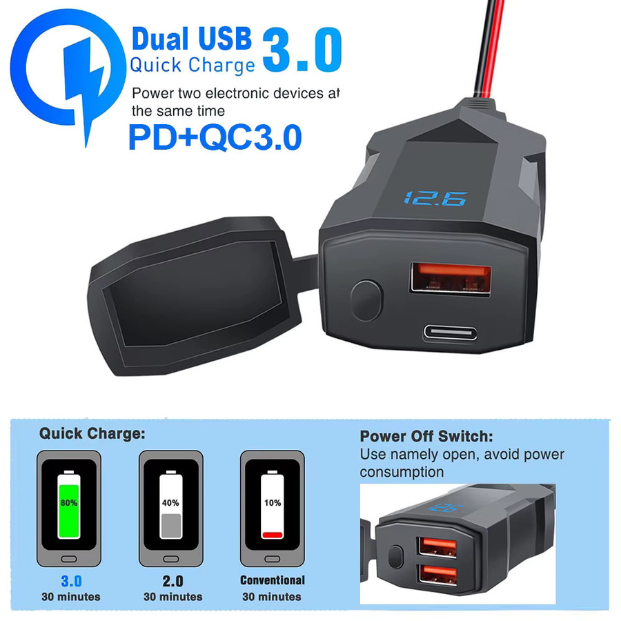 KEBIDUMEI 48W Motorrad-Handy-Ladegerät mit PD+QC3.0, wasserdichtes Lenker-Ladegerät mit USB-C und digitalem Voltmeter-Display in Schwarz - Bild 2