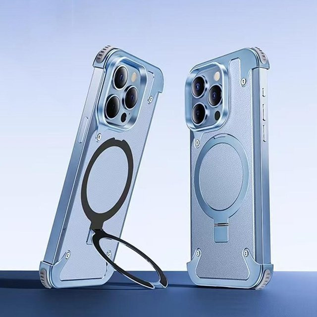 Maoxiaowei Echtleder MagSafe Magnetische Kabellose Ladehülle mit 360 Grad Drehbarer Ringständer für iPhone 17 16 15 14 13 Pro Max, Stoßfest, Blau - Bild 1
