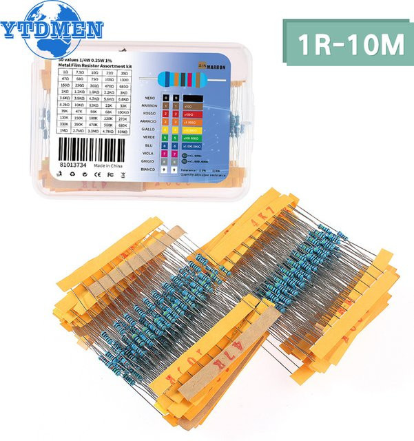 YTDMEN Widerstands-Sortiment Set mit 500 Stück und 50 Arten, 1/4 W Metallschichtwiderstände, 1 % Toleranz, 1R bis 10 M Ohm, Mehrfarbig - Bild 1