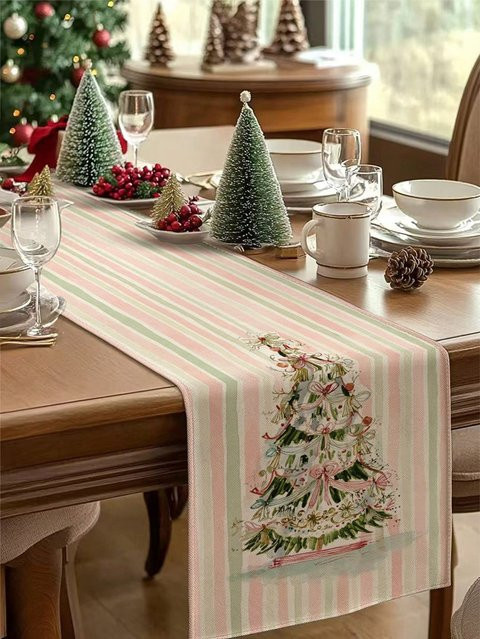 JIT Tischläufer Weihnachten gestreift in Rosa und Grün mit Weihnachtsbaum-Motiv, rechteckig, B/H: 45 x 30 cm - Bild 1