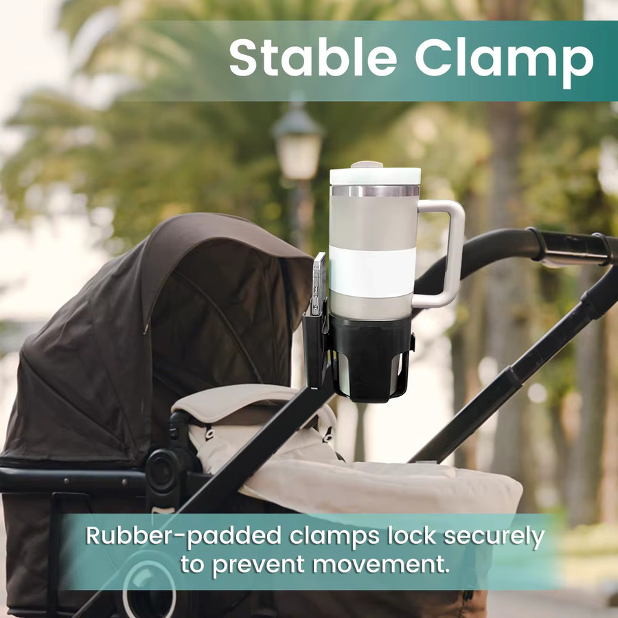 momo&dudu 2-in-1 Getränkehalter und Handyhalter für Kinderwagen, Fahrrad oder Rollstuhl mit 360 Grad Drehung und starkem Clip, Grau/Schwarz - Bild 3