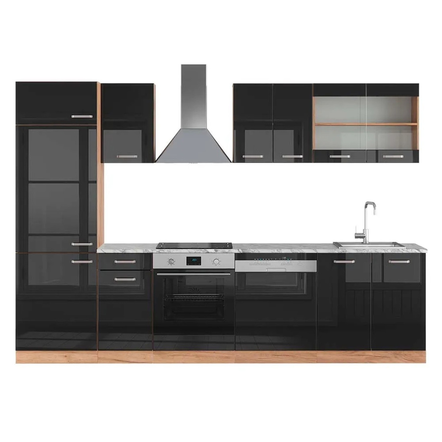 Vicco R-Line Küchenzeile Schwarz Hochglanz und Goldkraft Eiche mit Marmor-Optik, Breite: 300 cm, Höhe: 207 cm, Tiefe: 60 cm - Bild 2