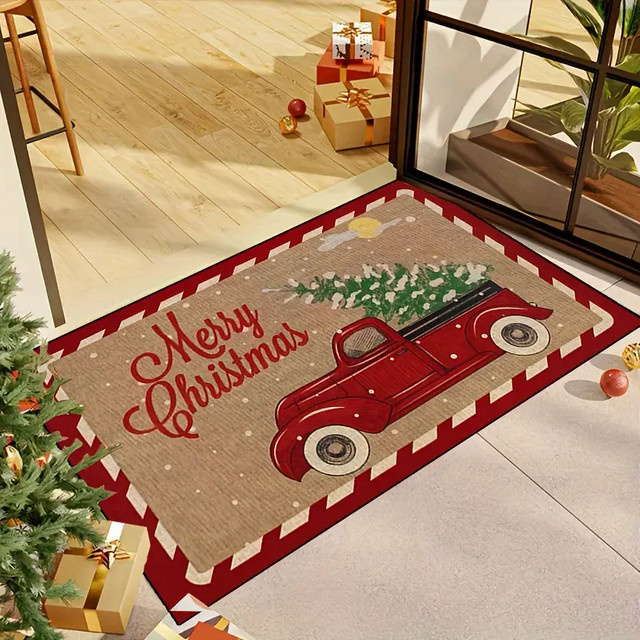 VIKAMA Weihnachtliche Bodenmatte mit rotem LKW-Aufdruck, rutschfester und wasserabsorbierender Teppich für Flur und Badezimmer, rot/mehrfarbig, 40 x 40 x 40 cm - Bild 1