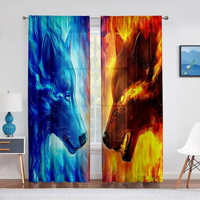 Super Six Wolf-Voile-Vorhang mit Wolf-Motiv in Eis und Feuer, transparenter Tüllvorhang mit Ösen, Breite: 100 cm, Höhe: 250 cm - Bild 1