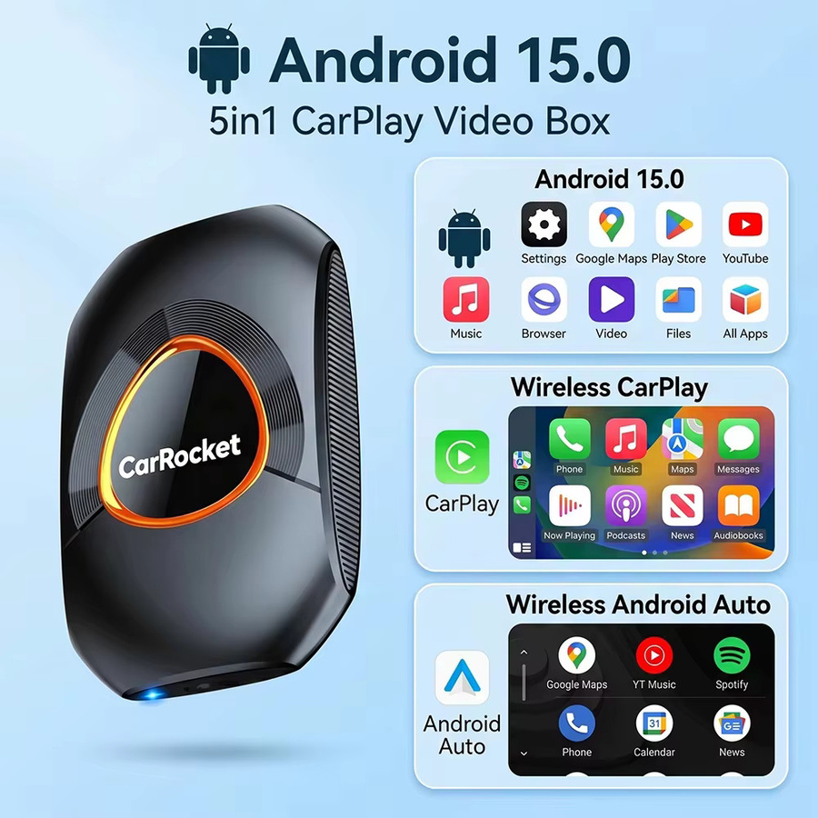 CarRocket Wireless CarPlay AI Box Android 15 mit Netflix und YouTube, Multimedia-Videobox für Autos mit kabelgebundenem CarPlay, Schwarz - Bild 3