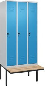 C+P Spind Classic PLUS Garderobenschrank mit Sitzbank, 3 Abteile, B/T/H: 212 x 90 x 81,5 cm, Sicherheits-Drehriegel und 3 Garderobenhaken, Farbe: Grau/Blau mit Buche-Hartholz - Bild 1