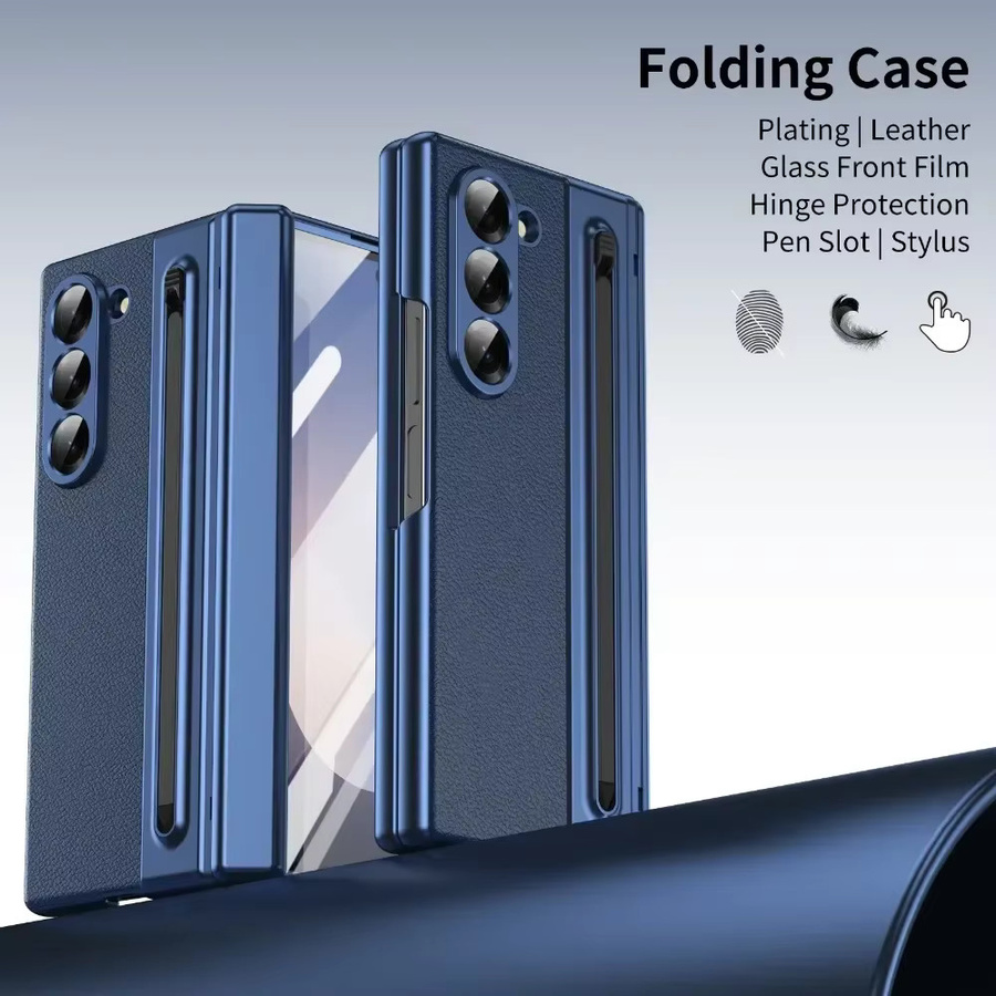 Luxuriöse Leder-Handyhülle mit Stahlfolie und Scharnierschutz für Samsung Galaxy Z Fold 7, 6, 5, 4, 3 in Schwarz oder Blau - Bild 3