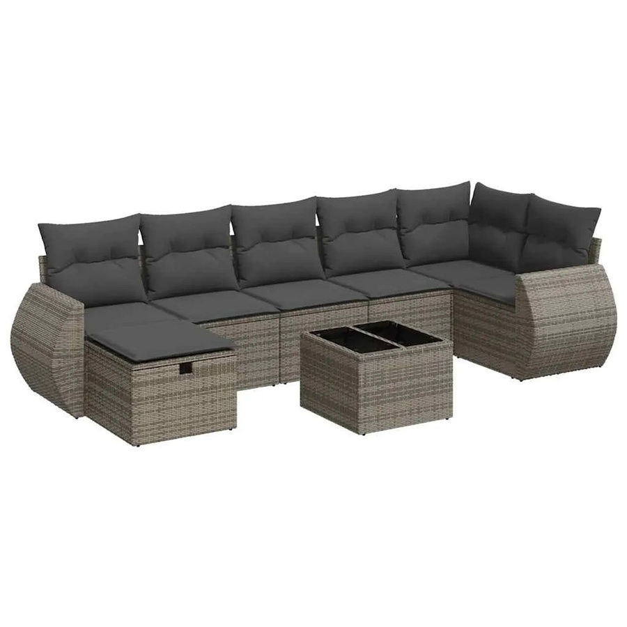 vidaXL 8-tlg. Garten-Sofagarnitur in L-Form mit Kissen und Ottoman, Grau - Bild 2