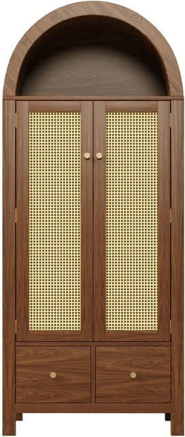 Merax Kleiderschrank mit Rattan-Elementen und integrierten Schubladen in Walnuss, B/T/H: 78 x 45 x 181 cm - Bild 1