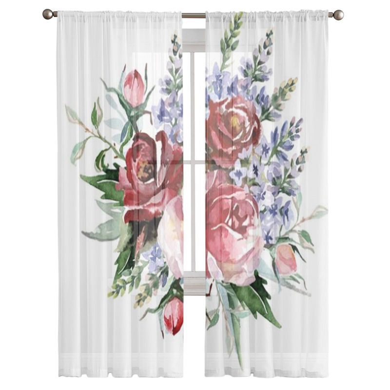 Transparente Binchi Outdoor Equipment Tüllvorhänge mit Blumen- und Rosenmotiv für Wohnzimmer, Schlafzimmer und Küche, Farbe: transparent, B: 135 cm, H: 114 cm - Bild 2