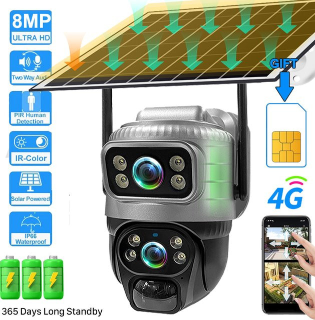 V380 4G-Solar-Überwachungskamera mit SIM-Karte, wasserdichte CCTV-Kamera mit PIR-Bewegungserkennung, Nachtsicht und Akku in Grau - Bild 1