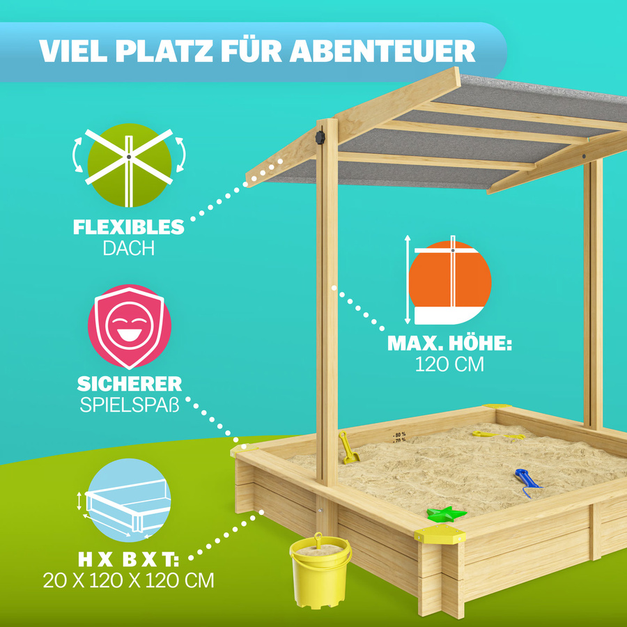 Sandkasten Hellbraun mit neigbarem Sonnendach B/T/H: 120 x 120 x 120 cm - Bild 2