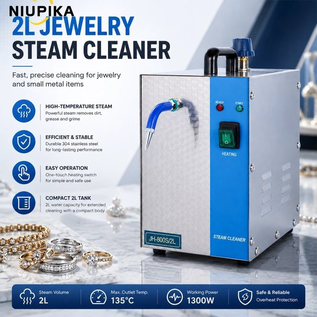 NIUPIKA Schmuckdampfreiniger aus Edelstahl mit 2L Tank und Fußschalter, Gold und Silber - Bild 1