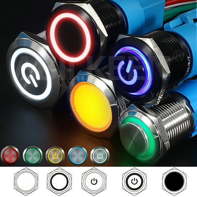 10er Set ABILKEEN RGB LED Drucktaster aus Metall, wasserdichte Momentary ON-OFF Schalter, Multicolor, 16mm/19mm/22mm - Bild 1