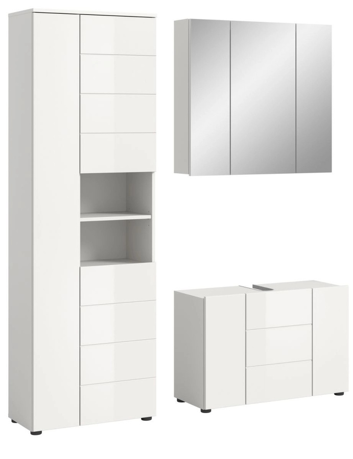 Inn.Furn Badmöbel Set Larik 3-teilig in Weiß Hochglanz, bestehend aus Waschtischunterschrank, Spiegelschrank und Hochschrank, B/H: 157 x 190 cm - Bild 3