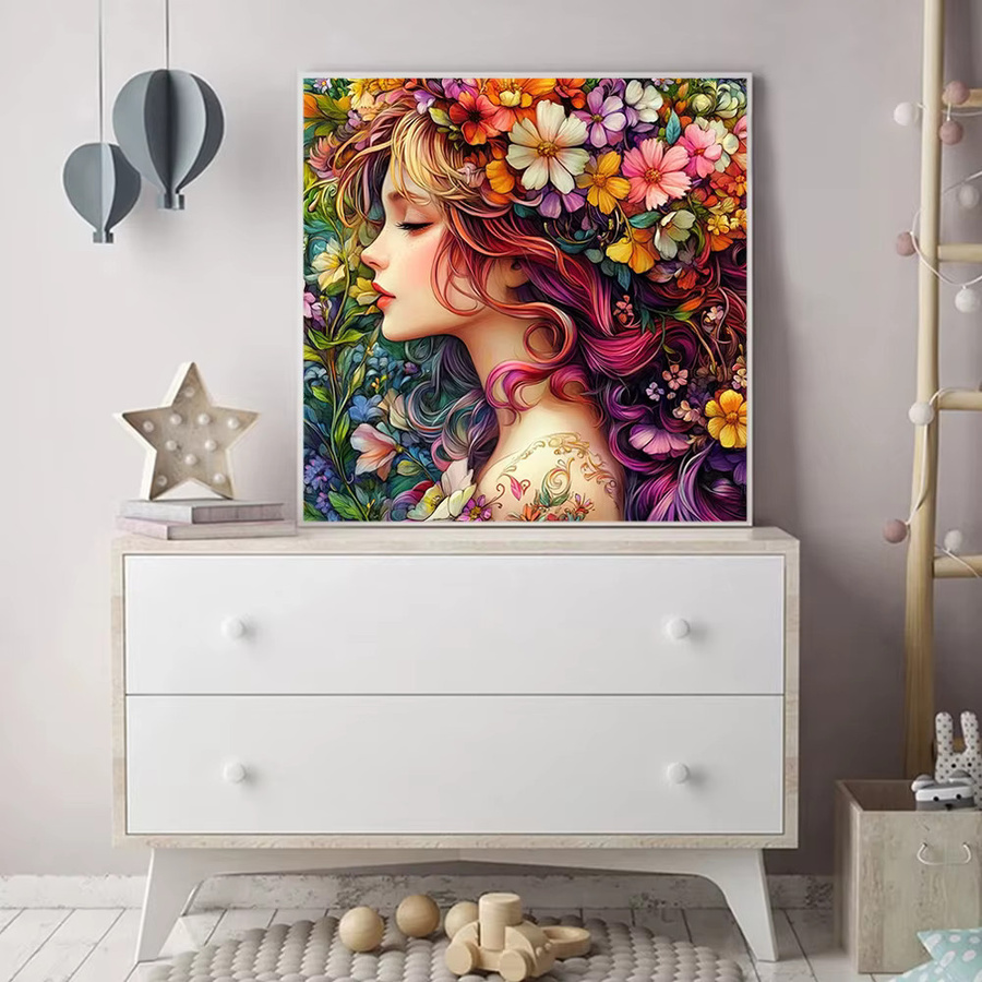 Momoart Diamant-Stickerei Frauenporträt mit Blumen als Strass-Gemälde in Multicolour, B/H: 20 x 20 cm - Bild 3