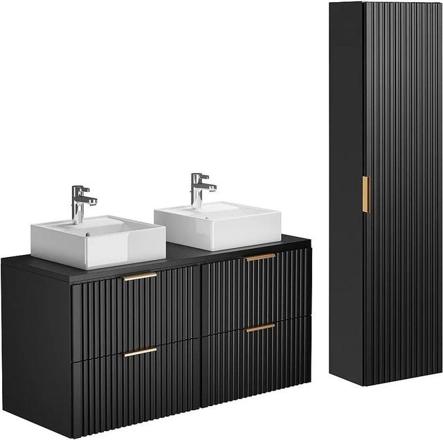 Vente-unique Badmöbel-Set Zevara Schwarz mit Waschbeckenunterschrank, Aufsatzwaschbecken und Badhochschrank in Streifenoptik, Breite: 120 cm - Bild 1