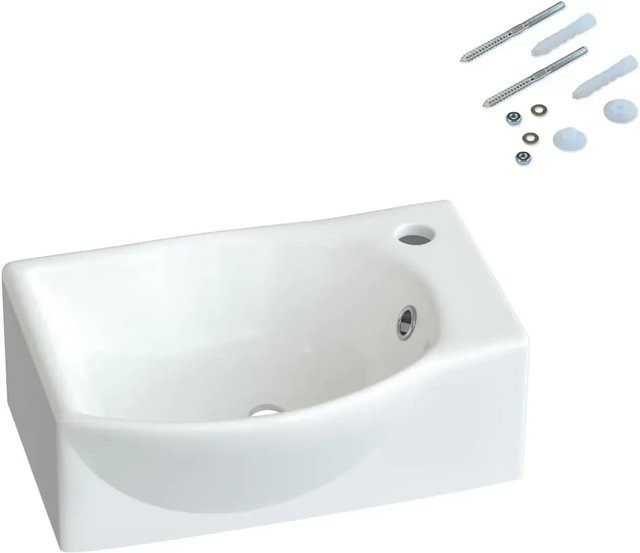 Aquabatos Aufsatzwaschbecken aus Keramik in Weiß mit Überlauf und Wasserhahnloch, B/T/H: 40,5 x 28 x 12 cm - Bild 1