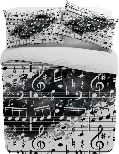 JMG Household Supplies 3-teiliges Bettwäsche-Set mit Note Musik Aquarell Spritzer Design in Schwarz Weiß, Bettbezug und Kissenbezüge aus Mikrofaser, B/H: 155 x 215 cm - Bild 1