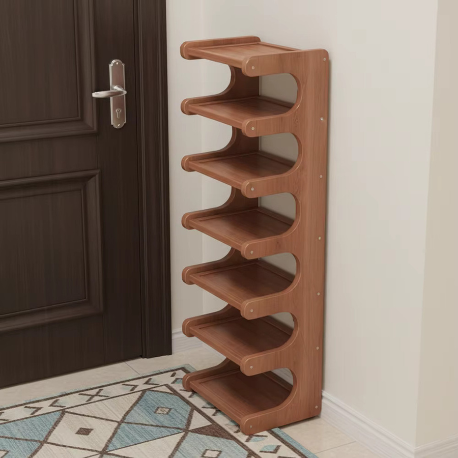 Schmales vertikales Holz-Schuhregal mit 7 Stufen, freistehender Schuhaufbewahrungsorganizer für den Eingangsbereich in Braun und Grün - Bild 4