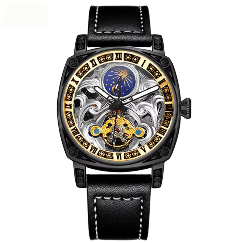 CAROTIF Herrenuhr, Analoguhr, schwarzes Zifferblatt, Lederarmband, Vintage - Bild 7