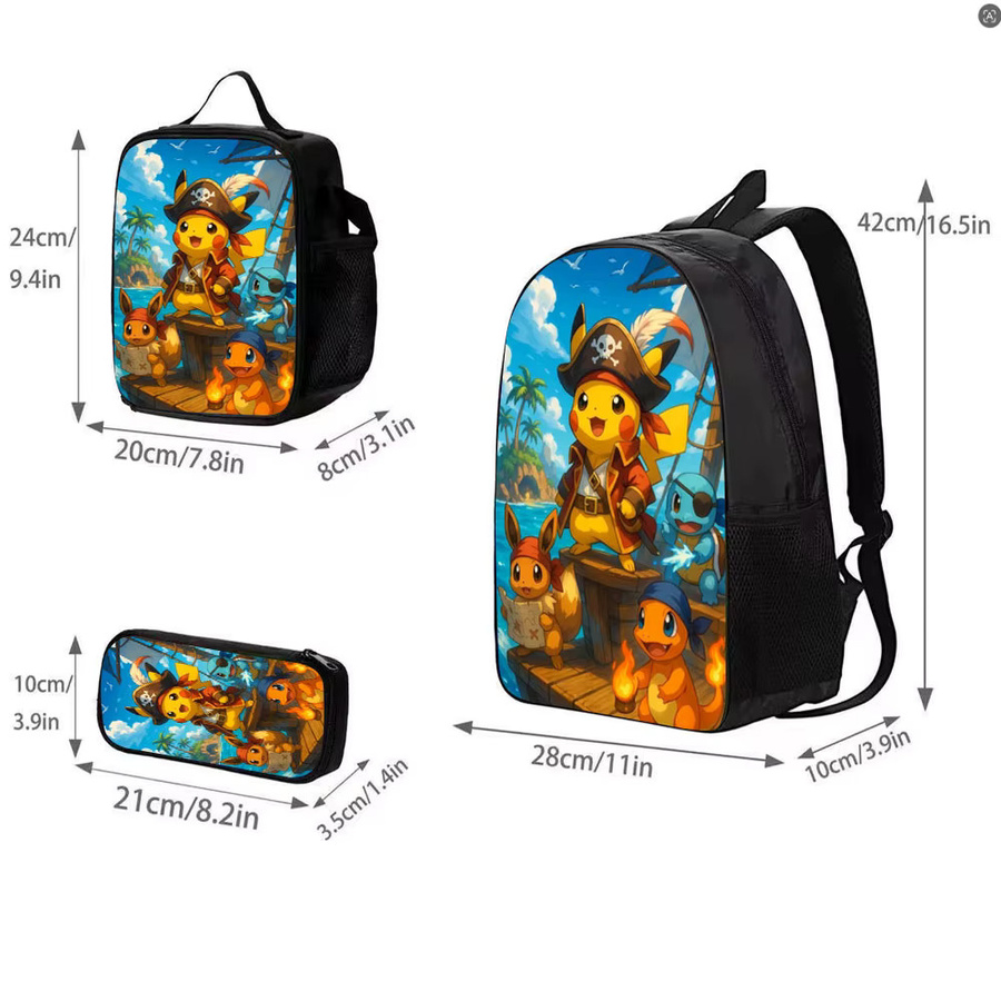 Potdemiel Pikachu Piraten-Abenteuer 3D-Rucksack-Set, Kindertasche, Canvas-Rucksack, Lunchbox, Federmäppchen - Bild 3