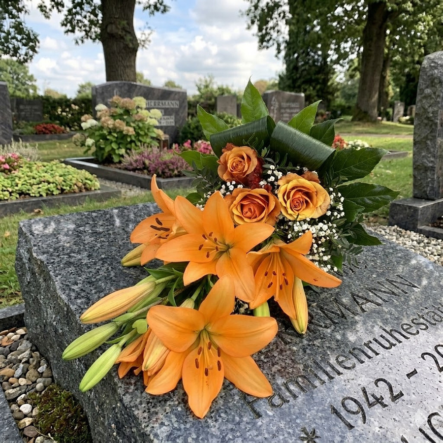 Mein Herz weint Arrangement Orange Lily Rose Gypsophila Greenery Sympathy and funeral - Bild 3