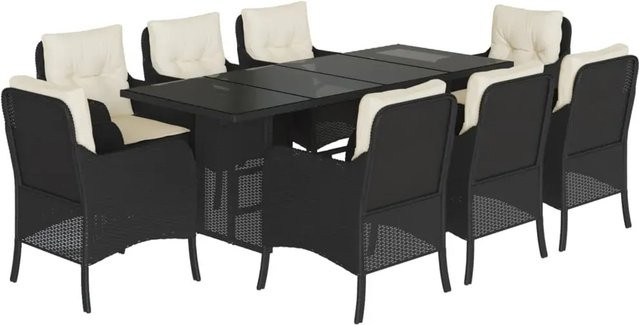 vidaXL 9-teilige Garten-Essgruppe aus Poly Rattan in Schwarz mit Kissen und Hartglas-Tischplatte - Bild 1