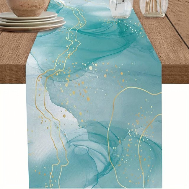 JINGYUE Pet Tischläufer aus Leinen in Türkis und Gold mit Marmor-Linien-Design, B/H: 150 x 33 cm - Bild 1