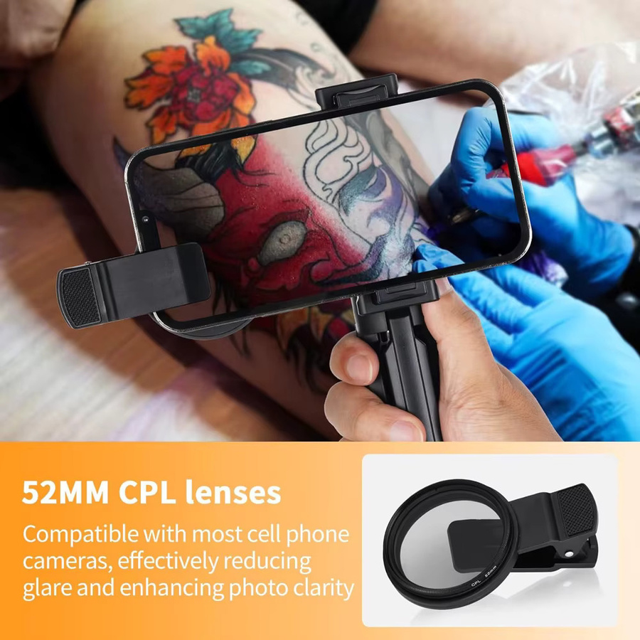 Gakonp Tattoo-Fülllicht mit 120 LED und 52mm CPL-Filterlinse, tragbares polarisiertes Reflexionslicht für alle Smartphones, Schwarz - Bild 4