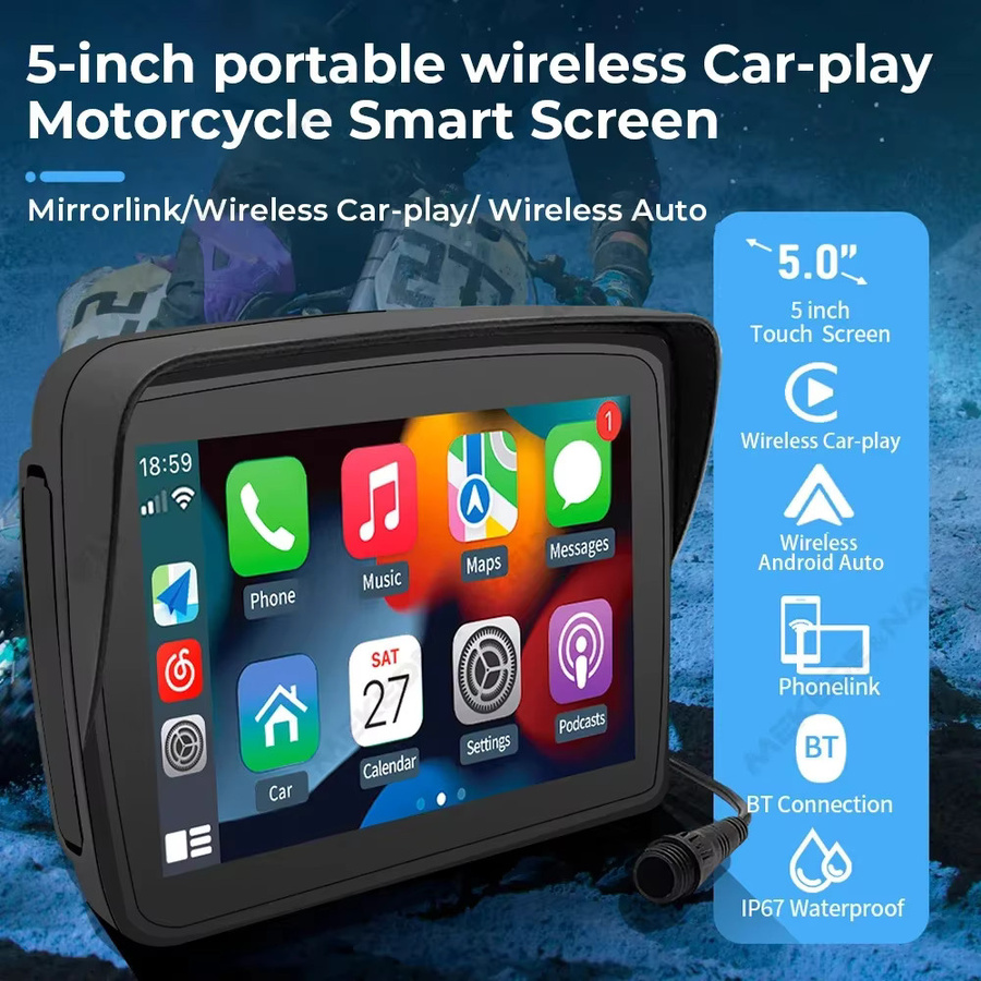 STRONGNAVI Motorrad GPS Navigation 5 Zoll mit Sonnenschirm, IPX7 Wasserdicht, Drahtloses CarPlay und Android Auto, Bluetooth und WiFi, Schwarz - Bild 4