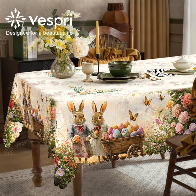 Vespri Oster-Tischdecke aus Polyester in Weiß-Beige mit Blumen- und Hasenmuster für Partys und Dekoration - Bild 1