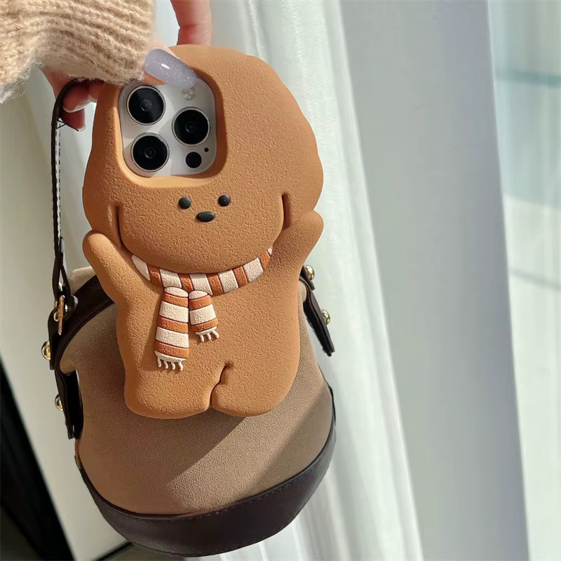 MUQGEW Kawaii 3D-Cartoon-Schal-Welpen Handyhülle aus weichem Silikon für iPhone 16, 15, 14, 13, 12 Pro Max Plus in Braun - Bild 5