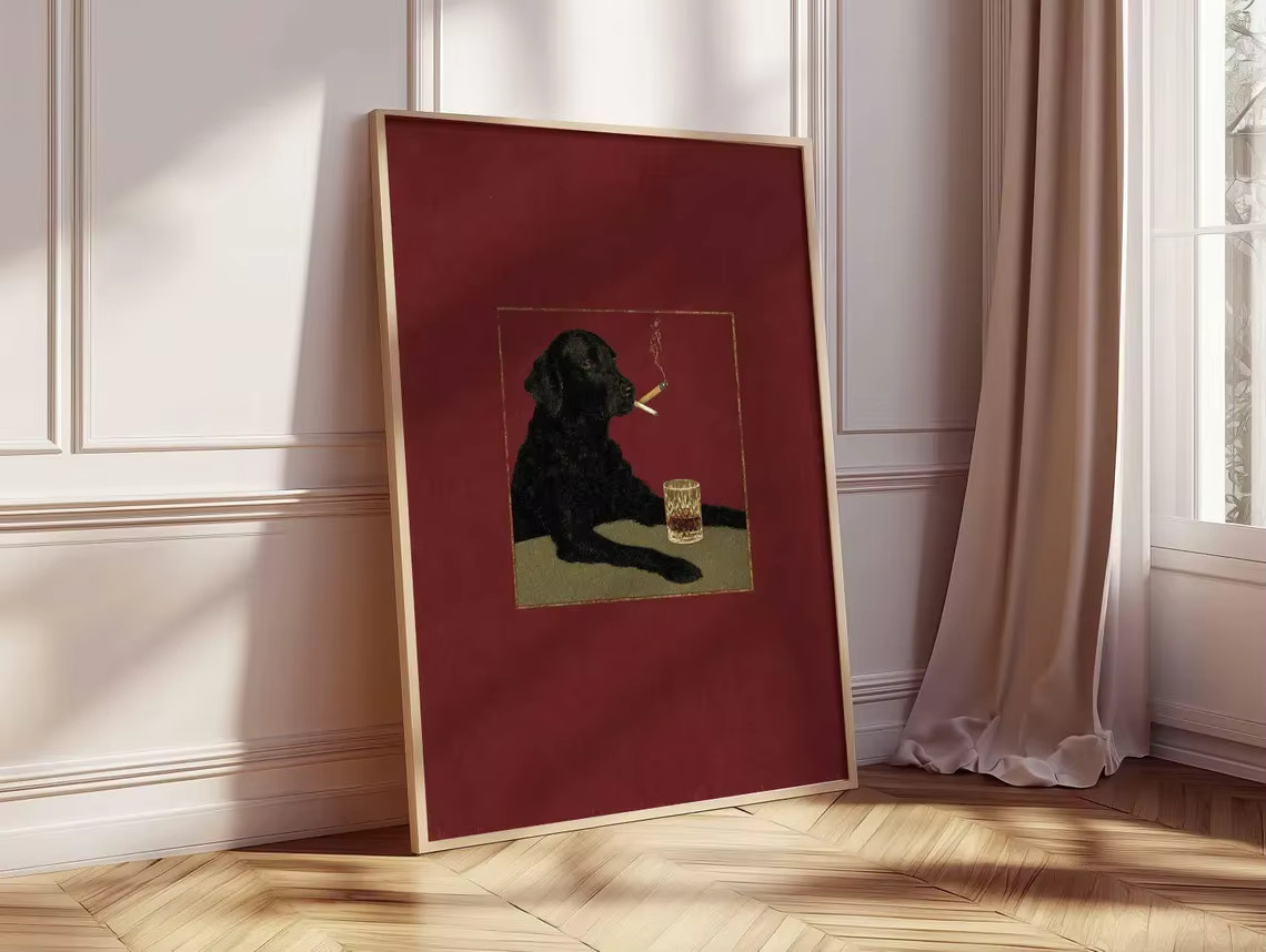 Retro Smoking Dog Poster SHENCHEN Wandkunst mit schwarzem Hund in Schwarz und Rot als grafischer Papierposter für deine Bar-Lounge Dekoration - Bild 4