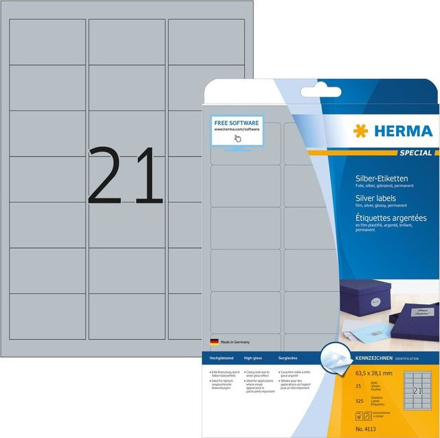 HERMA SuperPrint LaserCopy Selbstklebende Glanzfolie Silber B: 38,1 mm x H: 63,5 mm - Bild 1