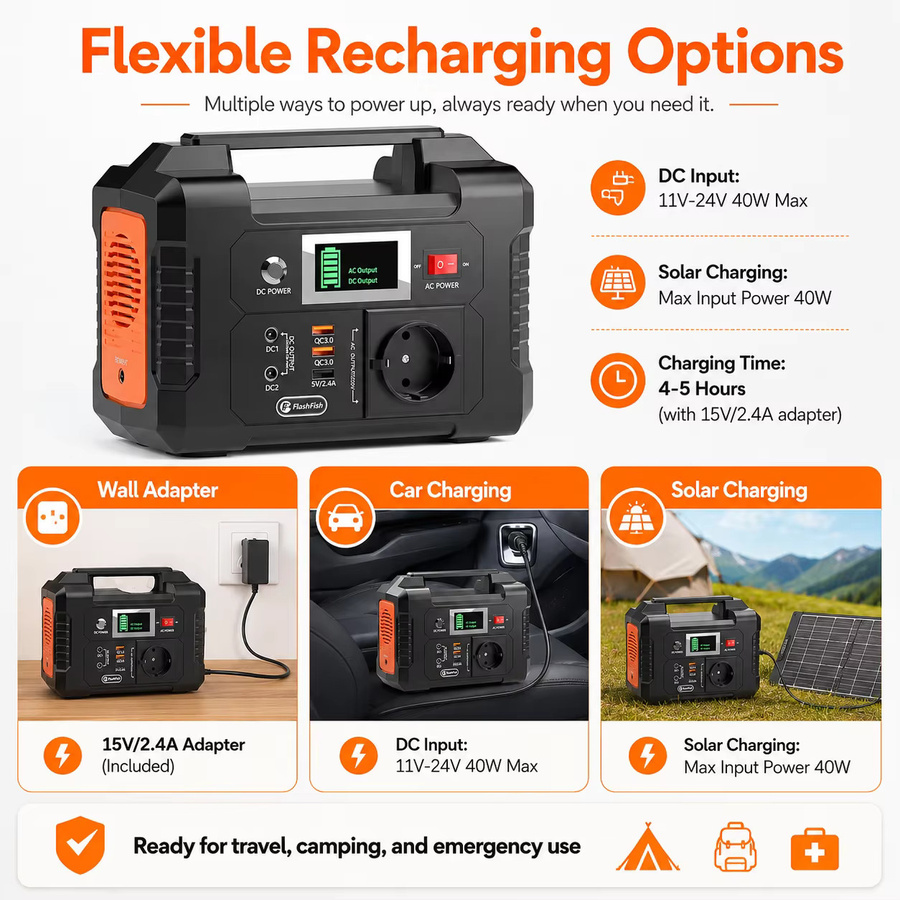 FlashFish E200 Tragbares Kraftwerk, 200 W Solargenerator mit 151 Wh Batterie in Schwarz für Outdoor, Camping und mobile Stromversorgung - Bild 4